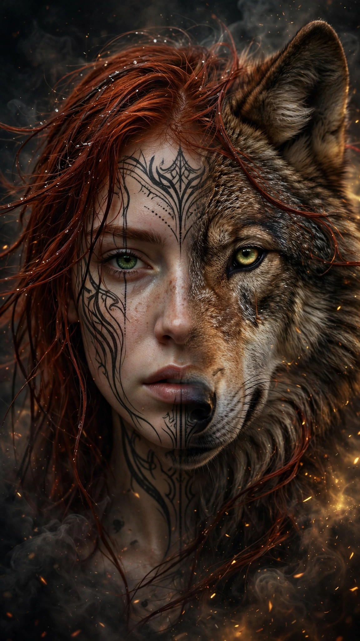 Portrait fusion de Valentina et de la louve — moitié femme aux cheveux roux tatouée, moitié louve brune